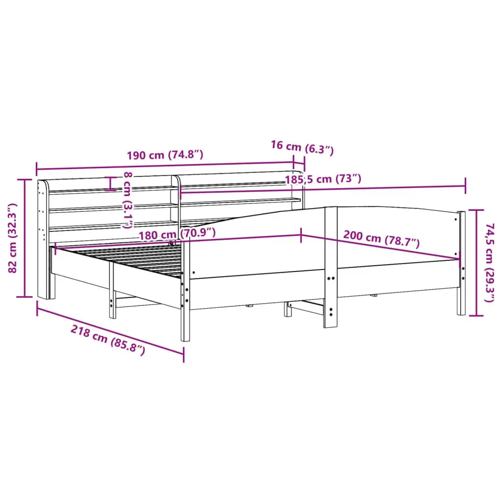 Pine Bed Frame Solid Wood 180x200 cm Brown Slatted Base with Headboard and Three Storage Shelves