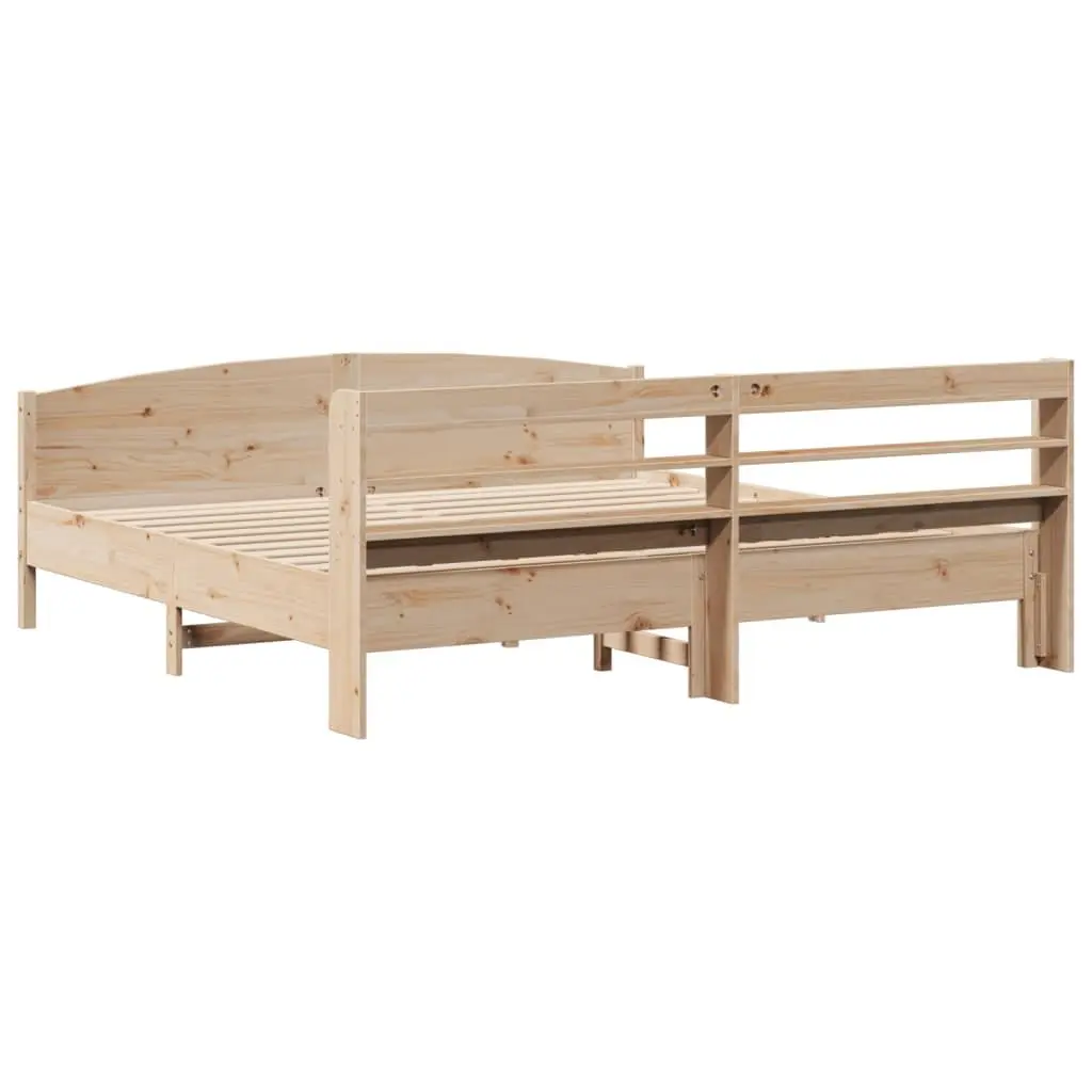 Pine Bed Frame Solid Wood 180x200 cm Brown Slatted Base with Headboard and Three Storage Shelves