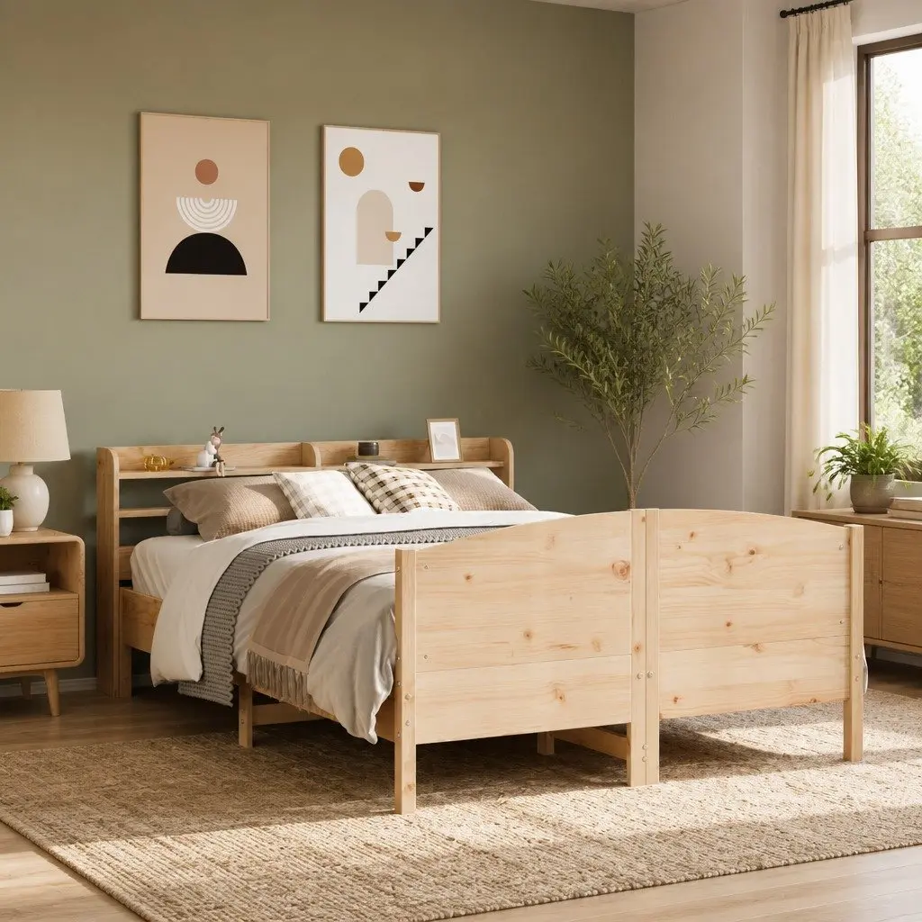 Solid Wood Pine Bed Frame 150x200 cm Brown with Headboard and Storage Shelves Slatted Base