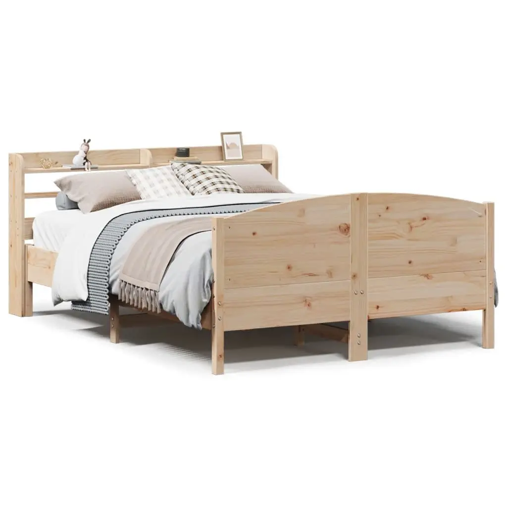 Solid Wood Pine Bed Frame 150x200 cm Brown with Headboard and Storage Shelves Slatted Base