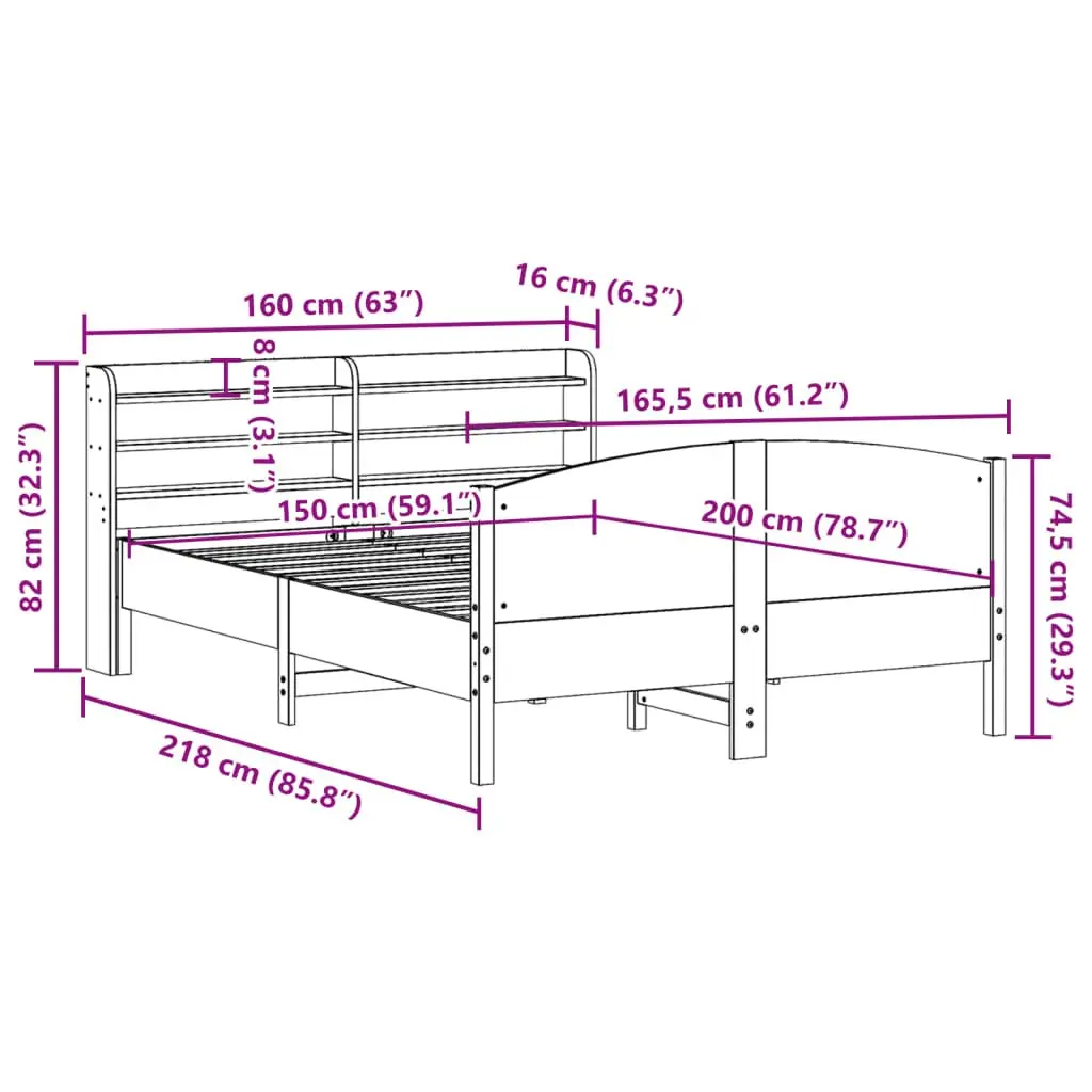 Solid Wood Pine Bed Frame 150x200 cm Brown with Headboard and Storage Shelves Slatted Base