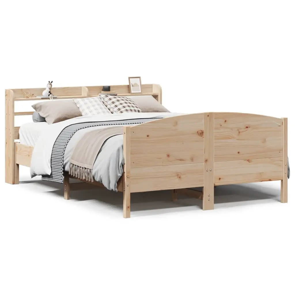 Bed Frame 135x190 cm Solid Pine Wood Slatted Base Headboard with Storage Shelves