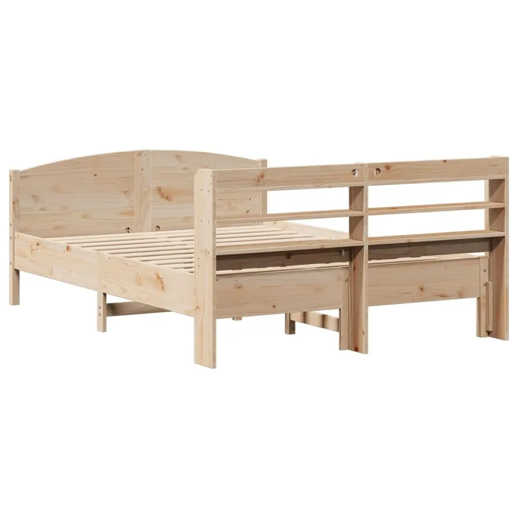 Bed Frame 135x190 cm Solid Pine Wood Slatted Base Headboard with Storage Shelves