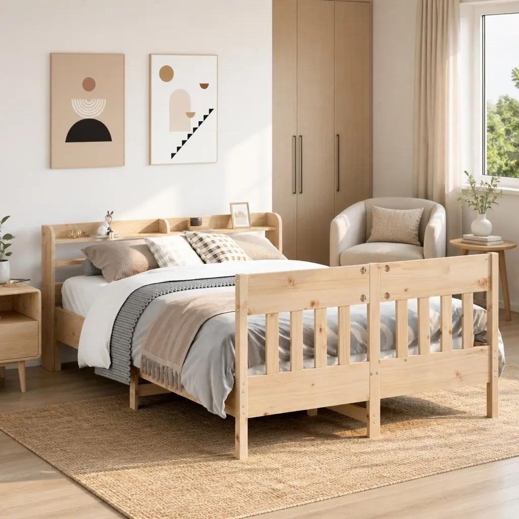 Solid Wood Pine Bed Frame 150x200 cm with Headboard Storage Shelves Slatted Base