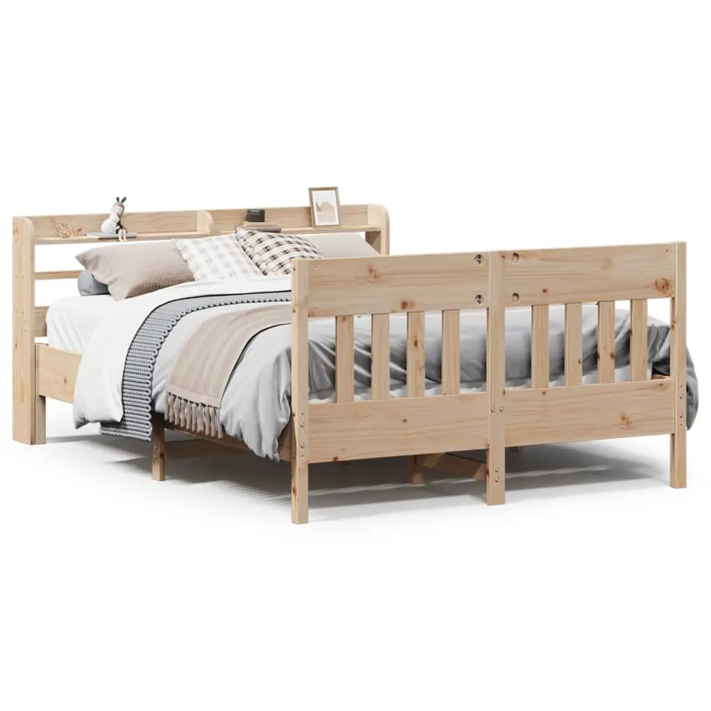 Solid Wood Pine Bed Frame 150x200 cm with Headboard Storage Shelves Slatted Base