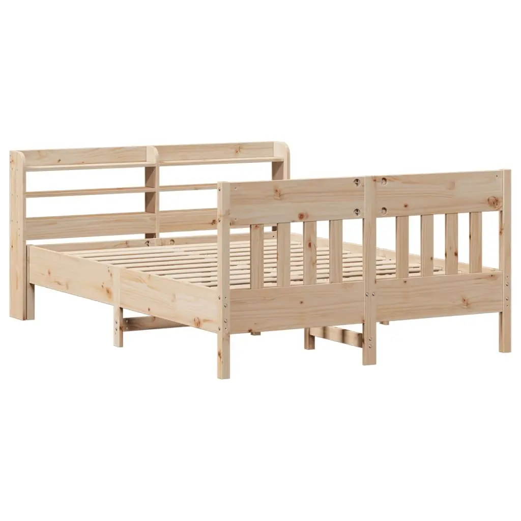 Solid Wood Pine Bed Frame 150x200 cm with Headboard Storage Shelves Slatted Base