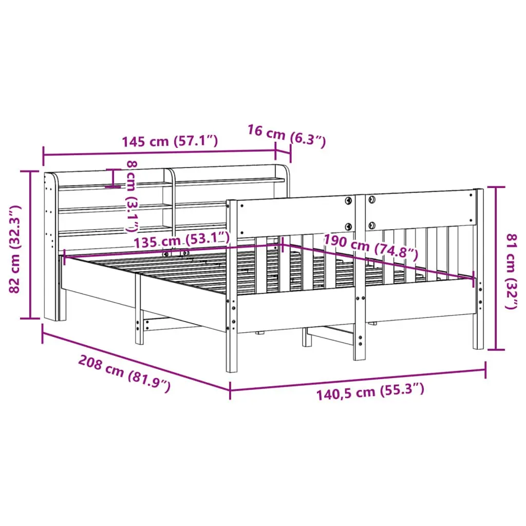 Solid Wood Pine Bed Frame 135x190 cm Brown with Headboard and Storage Shelves Slatted Base