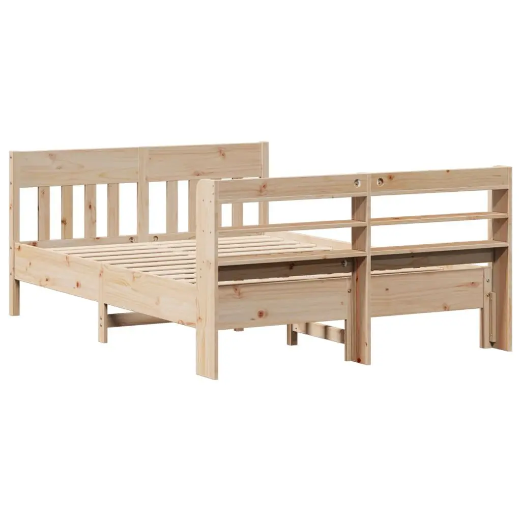 Solid Wood Pine Bed Frame 135x190 cm Brown with Headboard and Storage Shelves Slatted Base