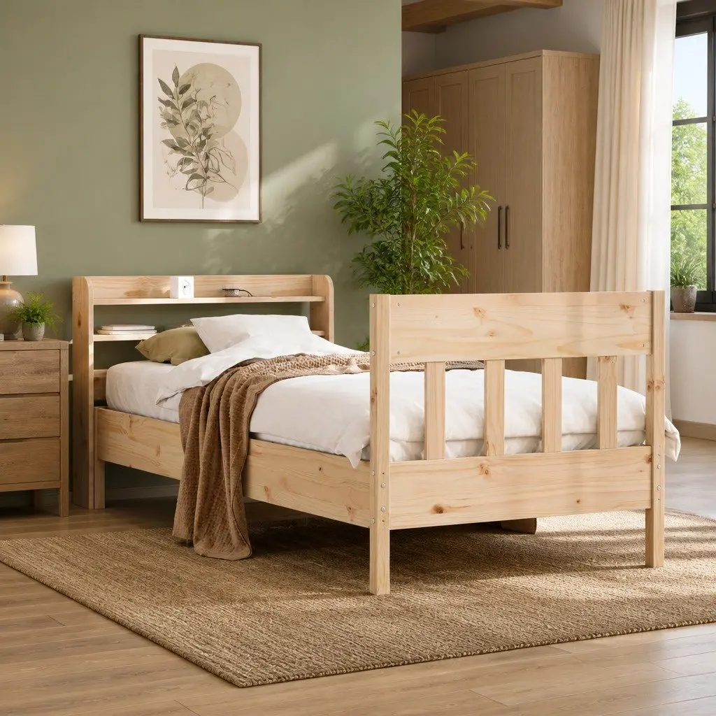 Solid Wood Pine Bed Frame 90x190 cm Brown with Headboard and Storage Shelves