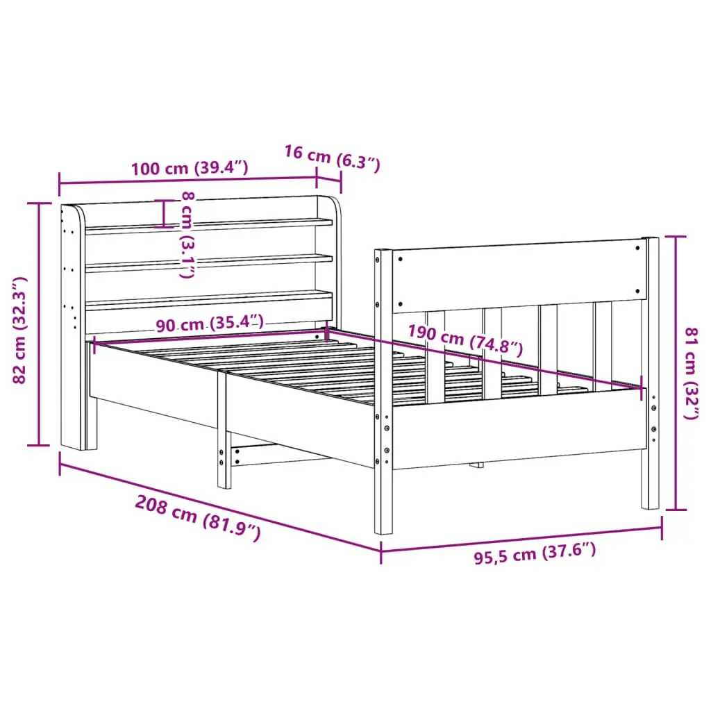 Solid Wood Pine Bed Frame 90x190 cm Brown with Headboard and Storage Shelves