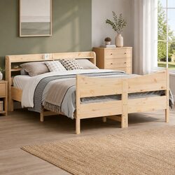 Bed Frame with Storage Headboard 150x200 cm Solid Pine Wood Slatted Base