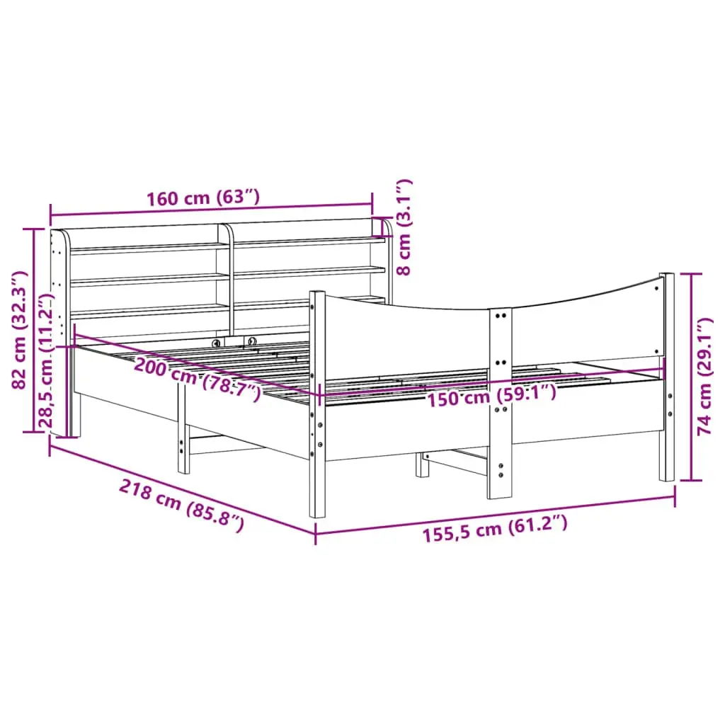 Bed Frame Solid Pine Wood 150x200 cm with Storage Headboard Brown