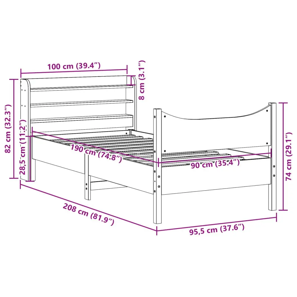 Bed Frame with Headboard 90x190 cm Solid Pine Wood Slatted Base Storage Shelves