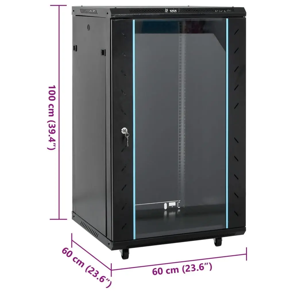 18U Server Rack Network Cabinet Black 60x60x100cm Cold Rolled Steel IP20 Removable Side Panels Lockable Front Door