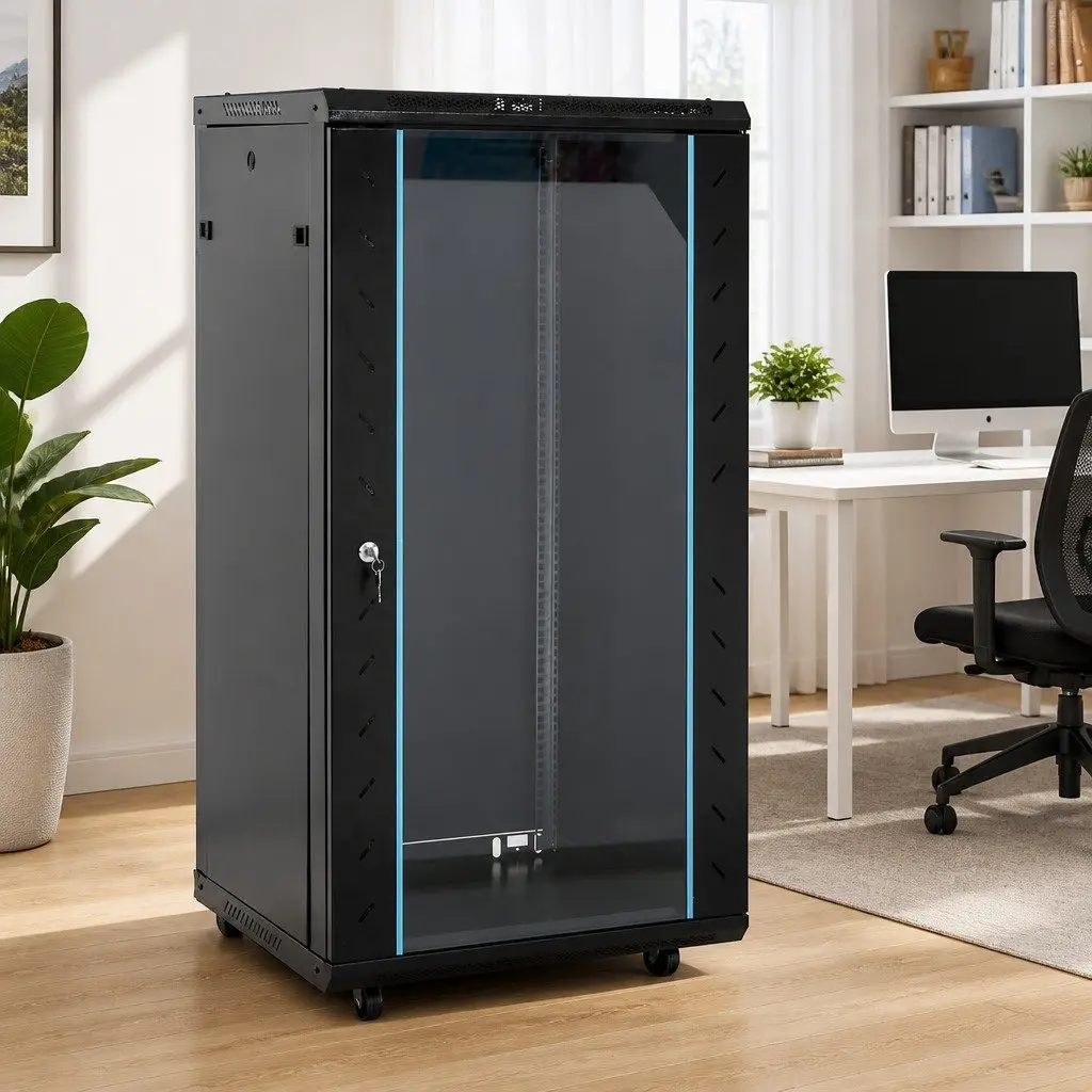 22U Server Rack Cabinet Black Cold Rolled Steel 60x60x120cm IP20 Removable Side Panels Lockable Front Door
