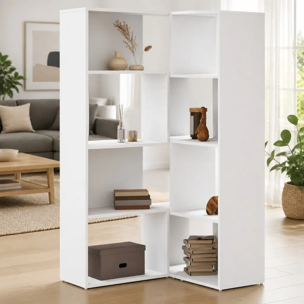 4 Tier White Engineered Wood Corner Bookcase 85x85x140cm Shelving Storage Unit