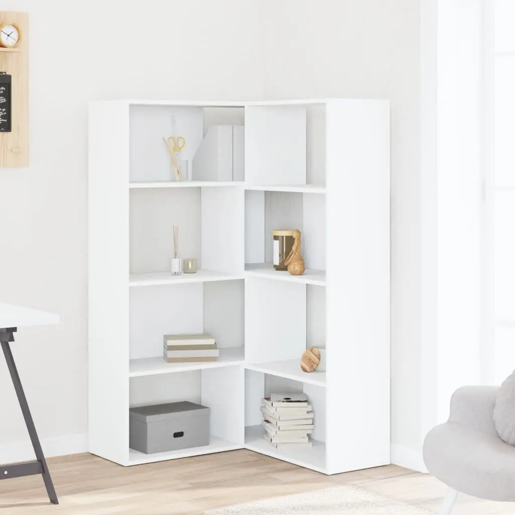 4 Tier White Engineered Wood Corner Bookcase 85x85x140cm Shelving Storage Unit