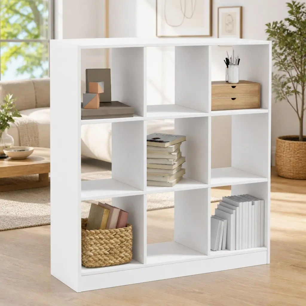 White Bookcase Engineered Wood 9 Compartment Storage Display 102cm Width 32cm Depth 108cm Height