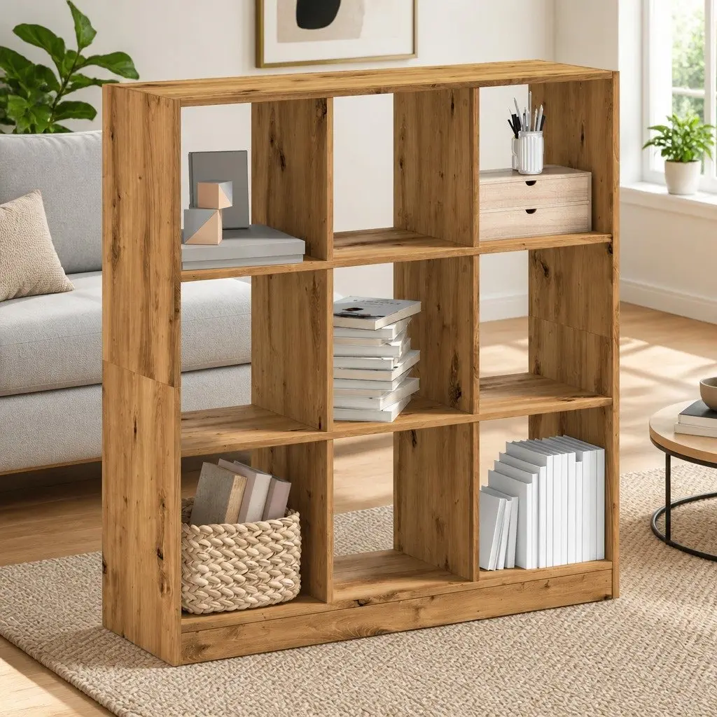9 Compartment Storage Unit Engineered Wood Brown Bookcase Display Rack