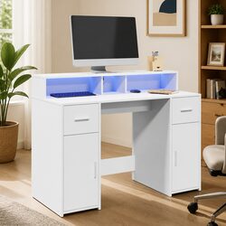 White LED Desk 120x55x91cm Engineered Wood Home Office Gaming Storage Drawers