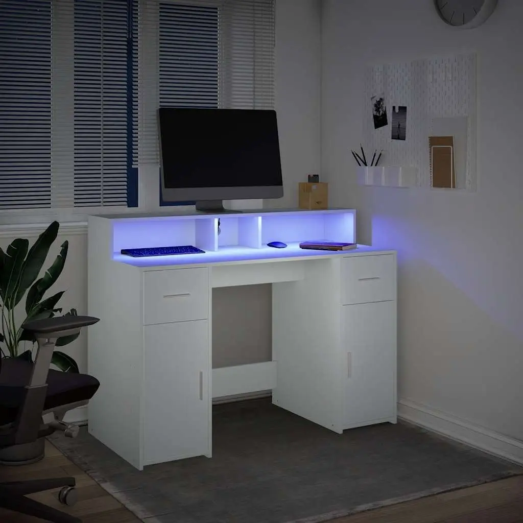 White LED Desk for Home Office and Gaming
