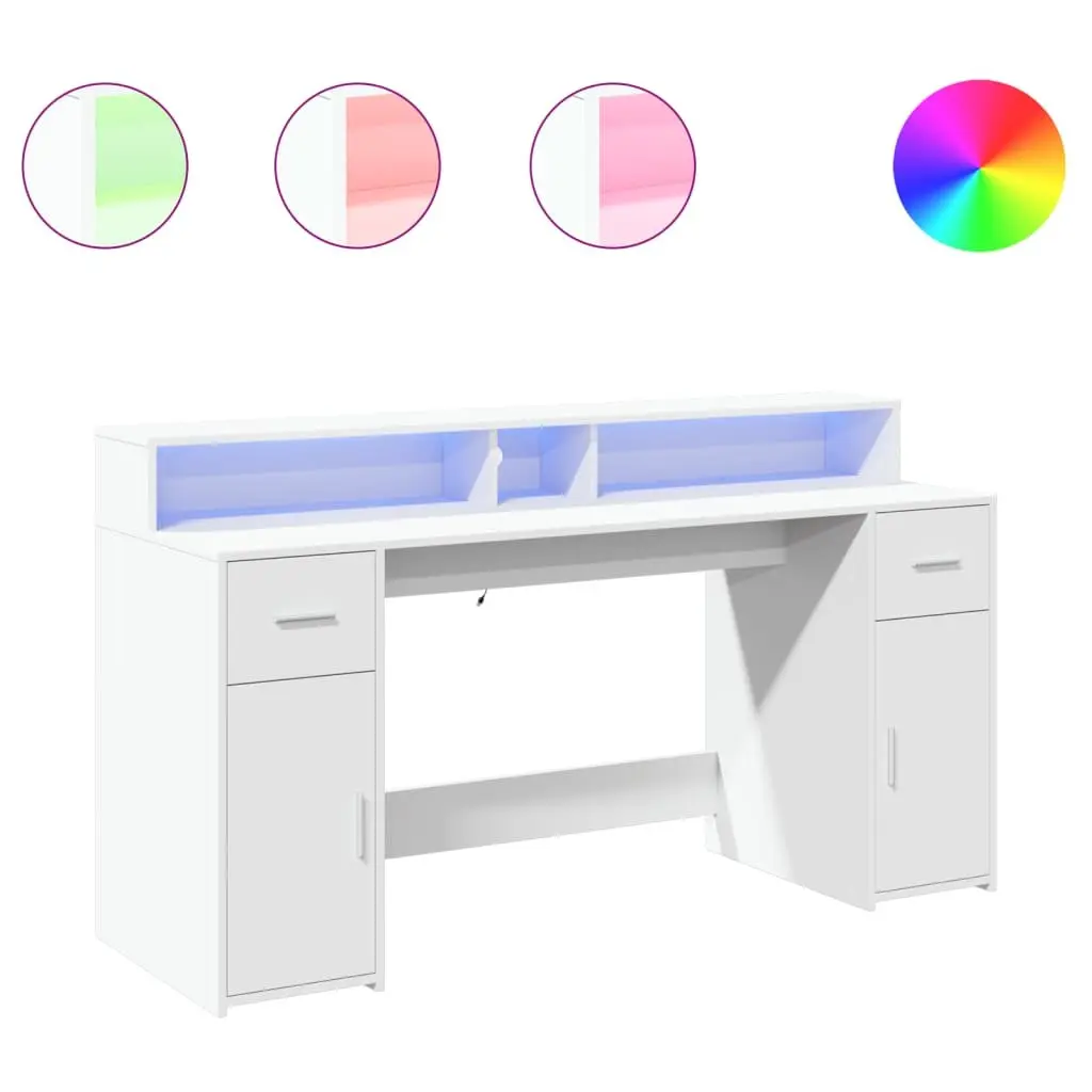 Engineered Wood Office Desk with Storage Drawers RGB LED Lights White 160Lx55Wx91H cm