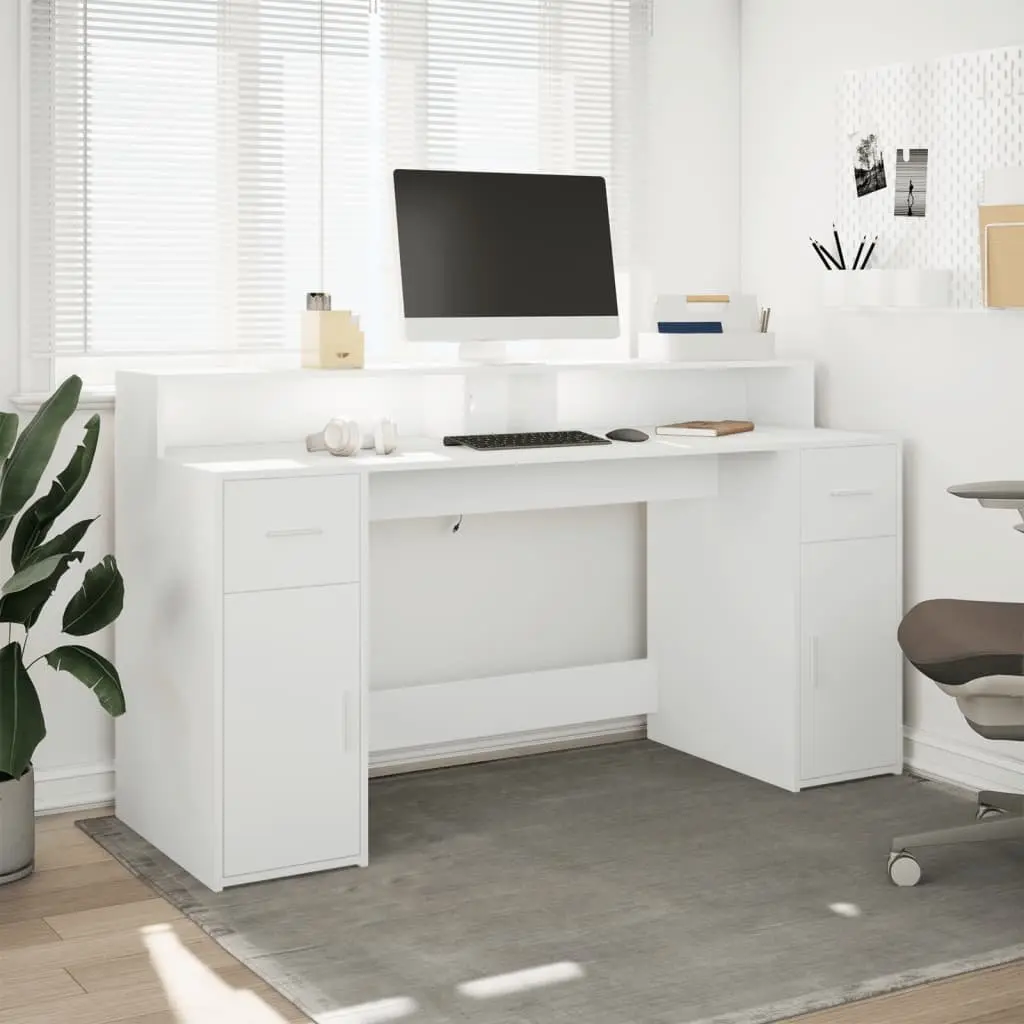 Engineered Wood Office Desk with Storage Drawers RGB LED Lights White 160Lx55Wx91H cm