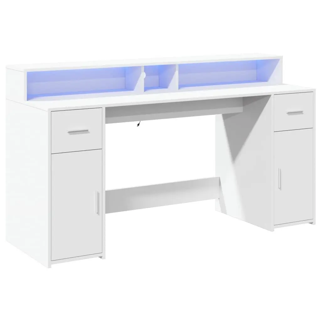 Engineered Wood Office Desk with Storage Drawers RGB LED Lights White 160Lx55Wx91H cm