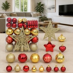 Christmas Bauble Ornament Set 70 Piece Gold Red Shatterproof Tree Decorations