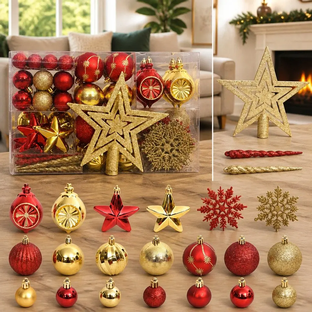 Christmas Bauble Set Shatterproof Plastic 108 Piece Gold Red Ornaments