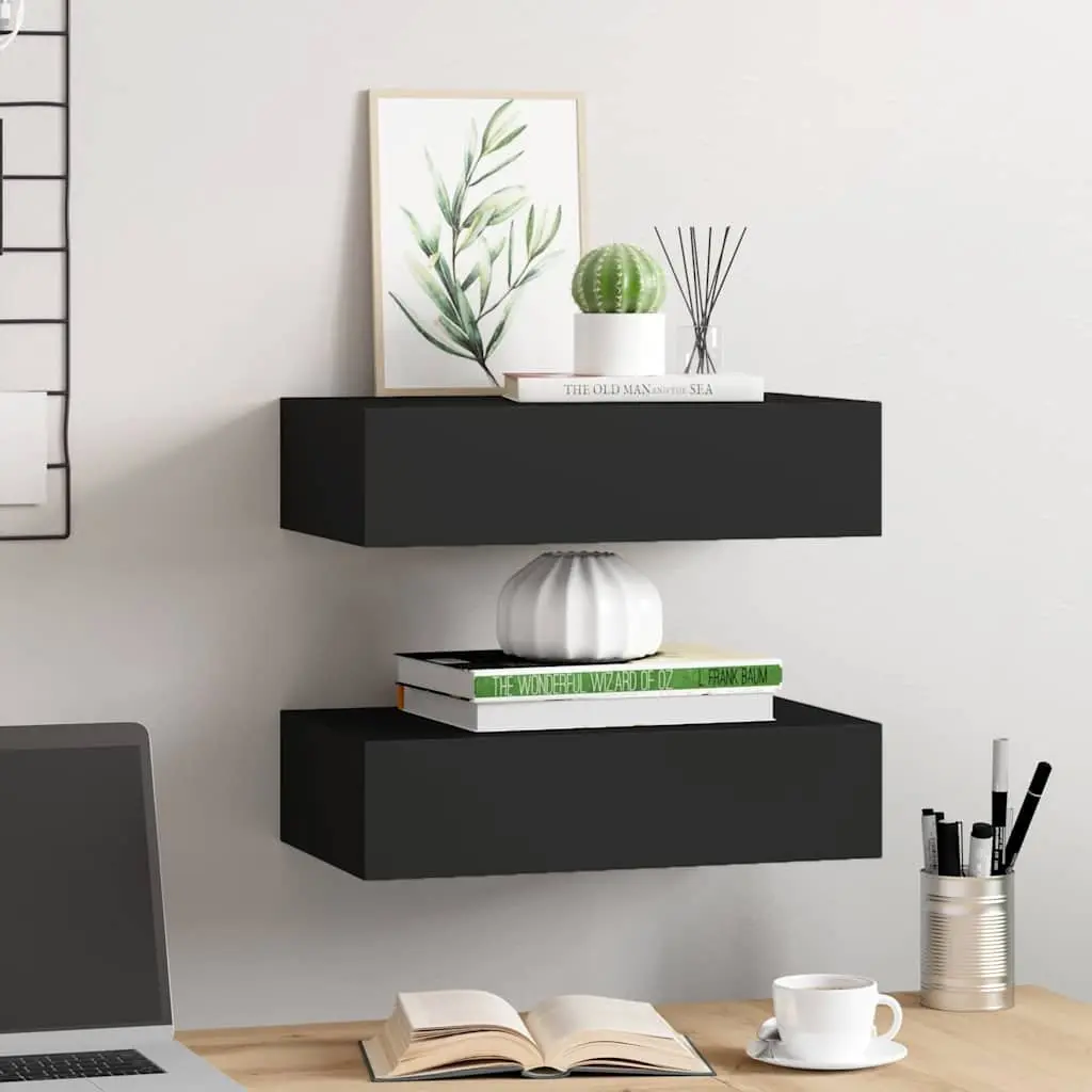 Black Floating Storage Organizer 2 Piece Wall-mounted Drawer Shelves MDF and Metal Compact Home Decor