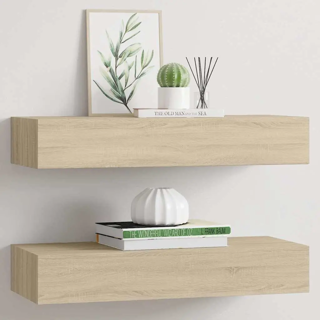 Floating Storage Organizer Shelves Wall-mounted Oak Brown MDF 60x23.5x10cm Set of 2