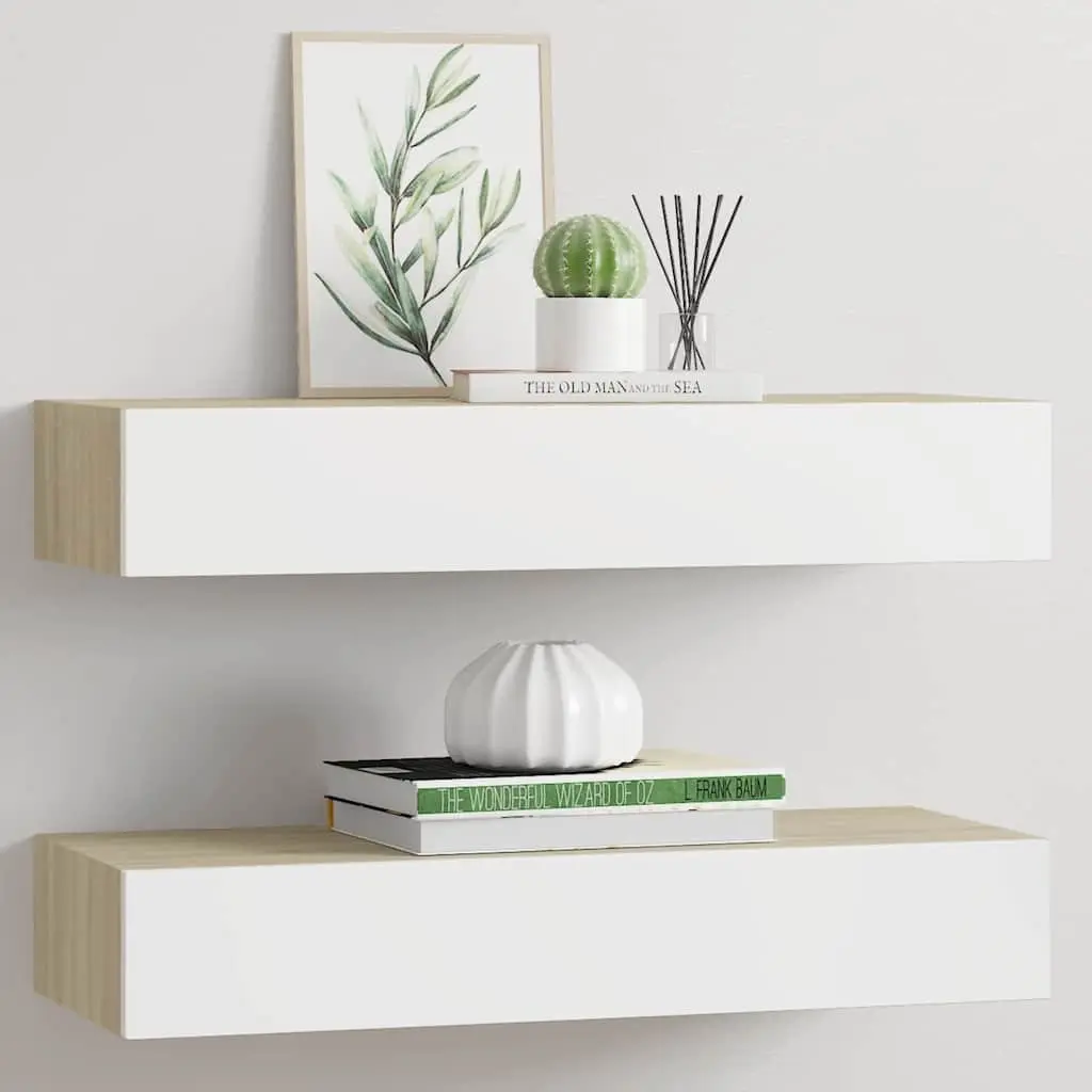 Wall Drawer Shelves MDF Floating Storage 60x23.5x10cm Oak White 2 Piece