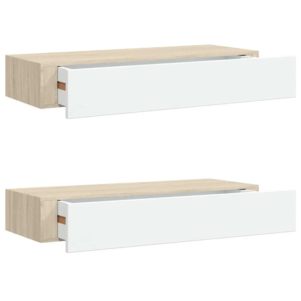 Wall Drawer Shelves MDF Floating Storage 60x23.5x10cm Oak White 2 Piece