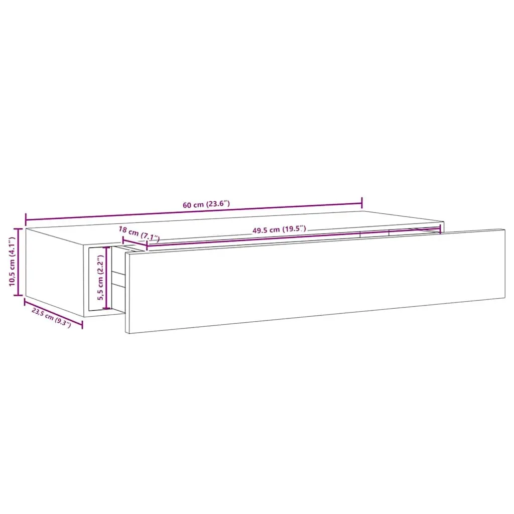 Wall Drawer Shelves MDF Floating Storage 60x23.5x10cm Oak White 2 Piece