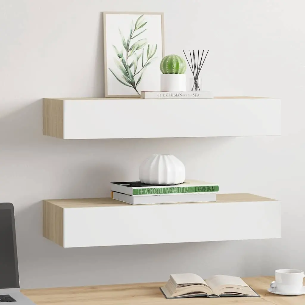 Wall Drawer Shelves MDF Floating Storage 60x23.5x10cm Oak White 2 Piece
