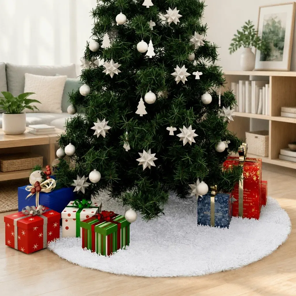 Christmas Tree Skirt Faux Fur 122cm White Base Cover Decoration