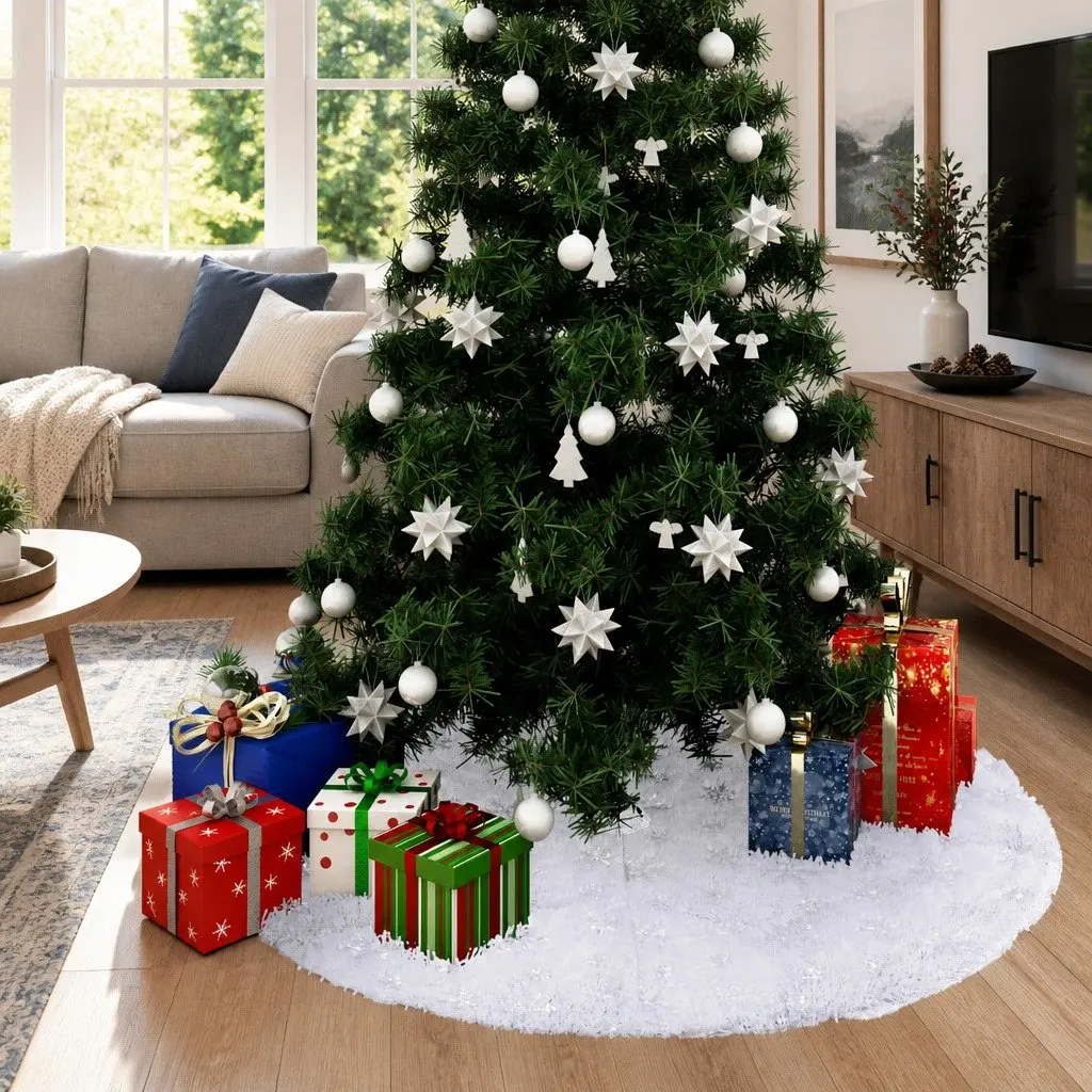 White Faux Fur Christmas Tree Skirt 122cm with Snowflake Sequin Embroidery Holiday Decor