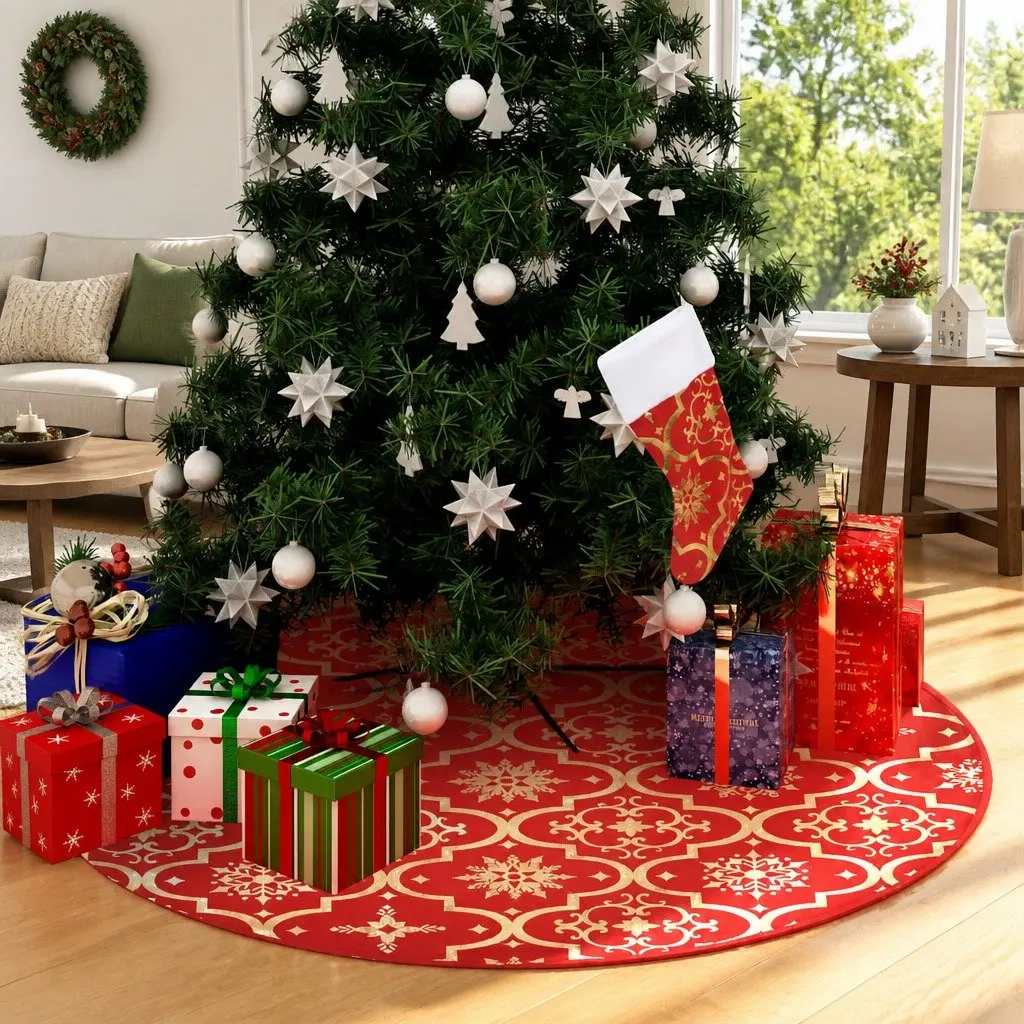 Christmas Tree Skirt with Matching Sock Snow Pattern 150cm Red Seasonal Holiday Decor