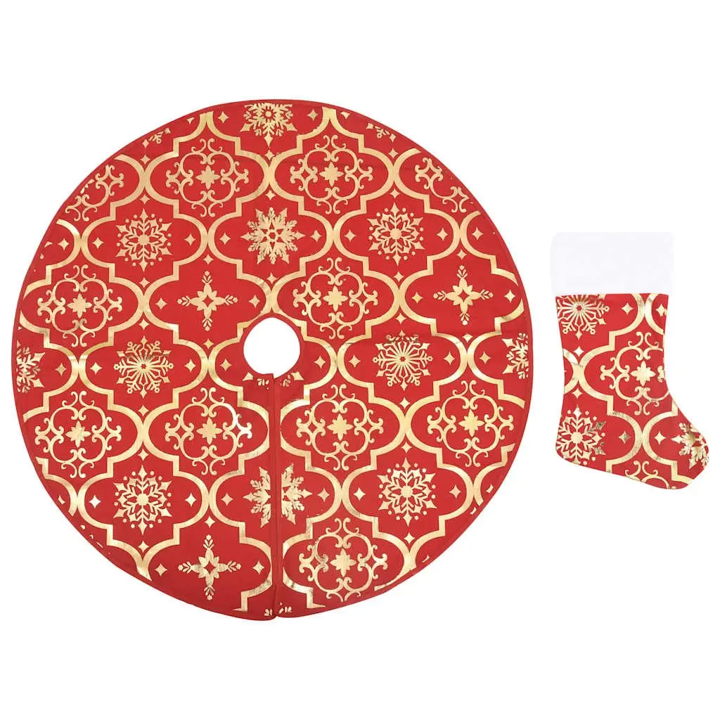 Christmas Tree Skirt with Matching Sock Snow Pattern 150cm Red Seasonal Holiday Decor