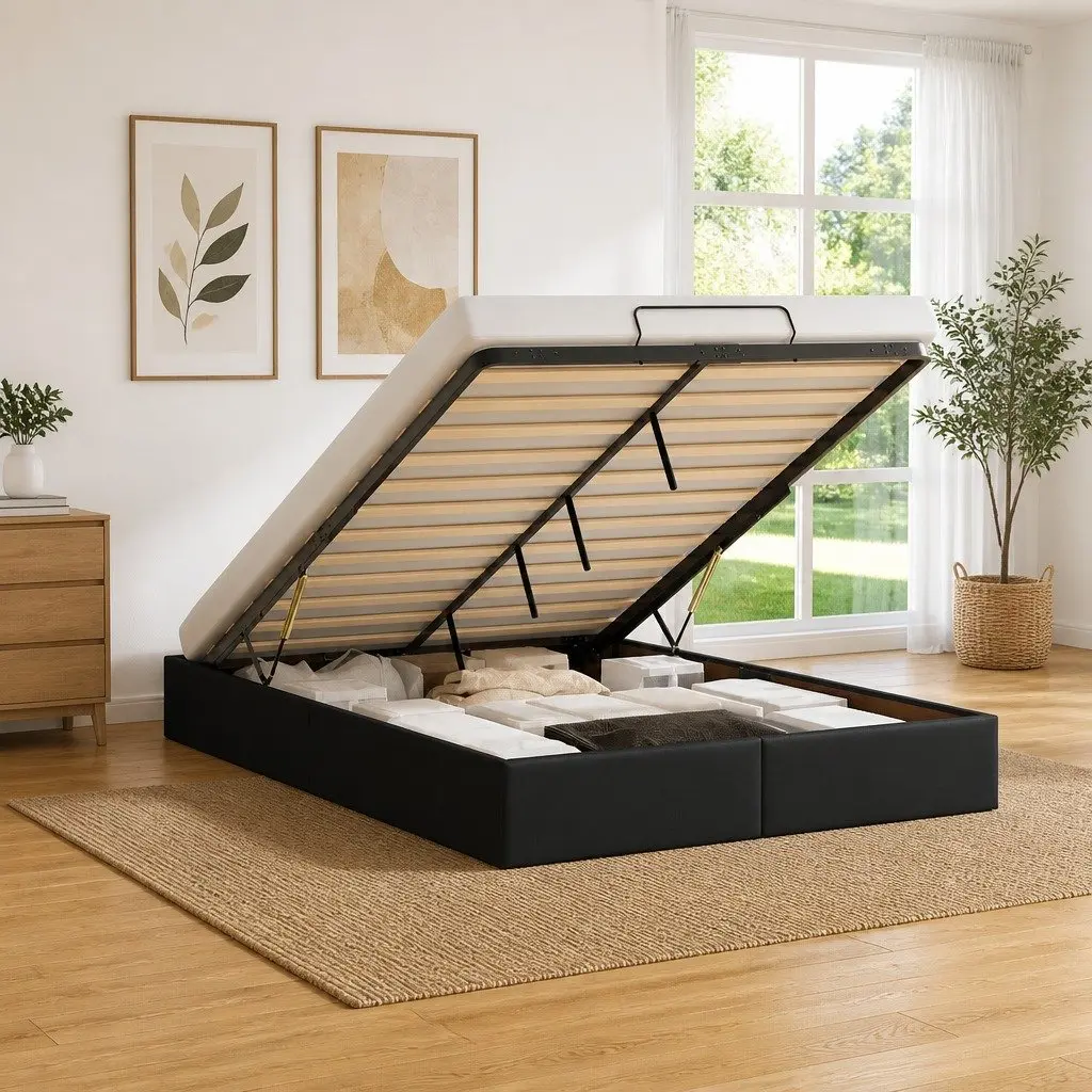 Ottoman Storage Bed Frame Double Black Faux Leather Lift-Up Hydraulic Base