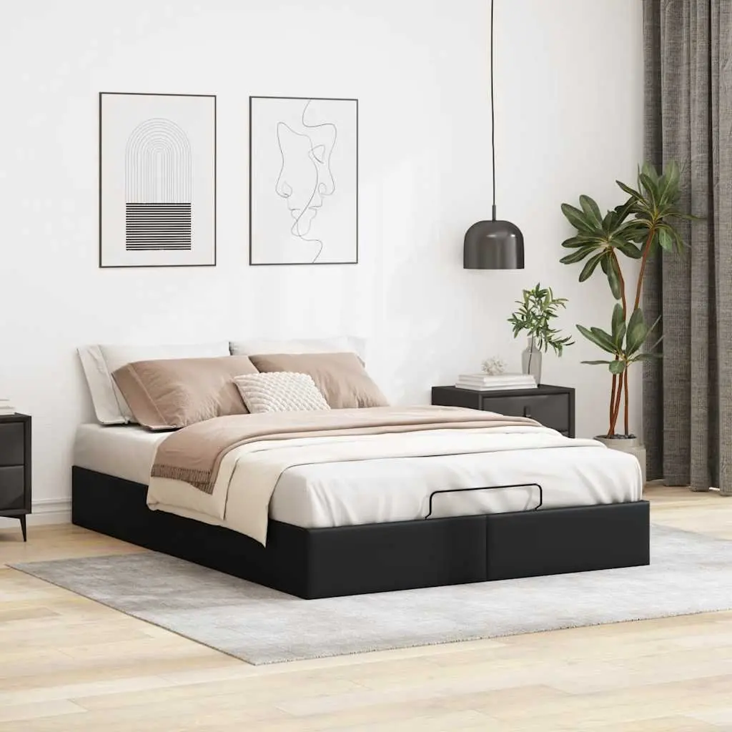 Ottoman Storage Bed Frame Double Black Faux Leather Lift-Up Hydraulic Base