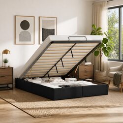 Queen Size Ottoman Storage Bed Frame Faux Leather Lift-Up Underbed Black No