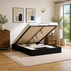 Ottoman Storage Bed Frame Double Fabric Black Lift-Up Mechanism Under-Bed