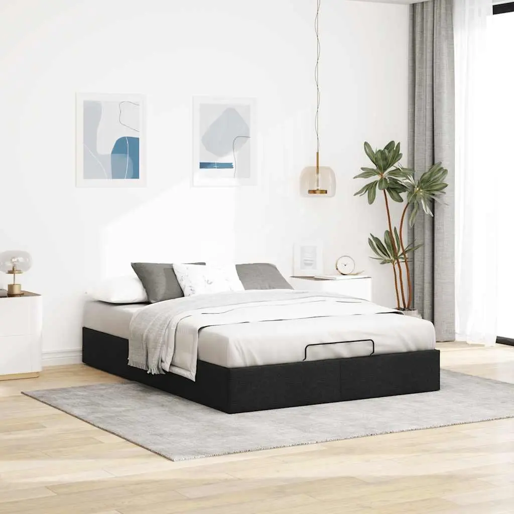 Ottoman Storage Bed Frame Double Polyester Fabric Black Lift-Up Mechanism