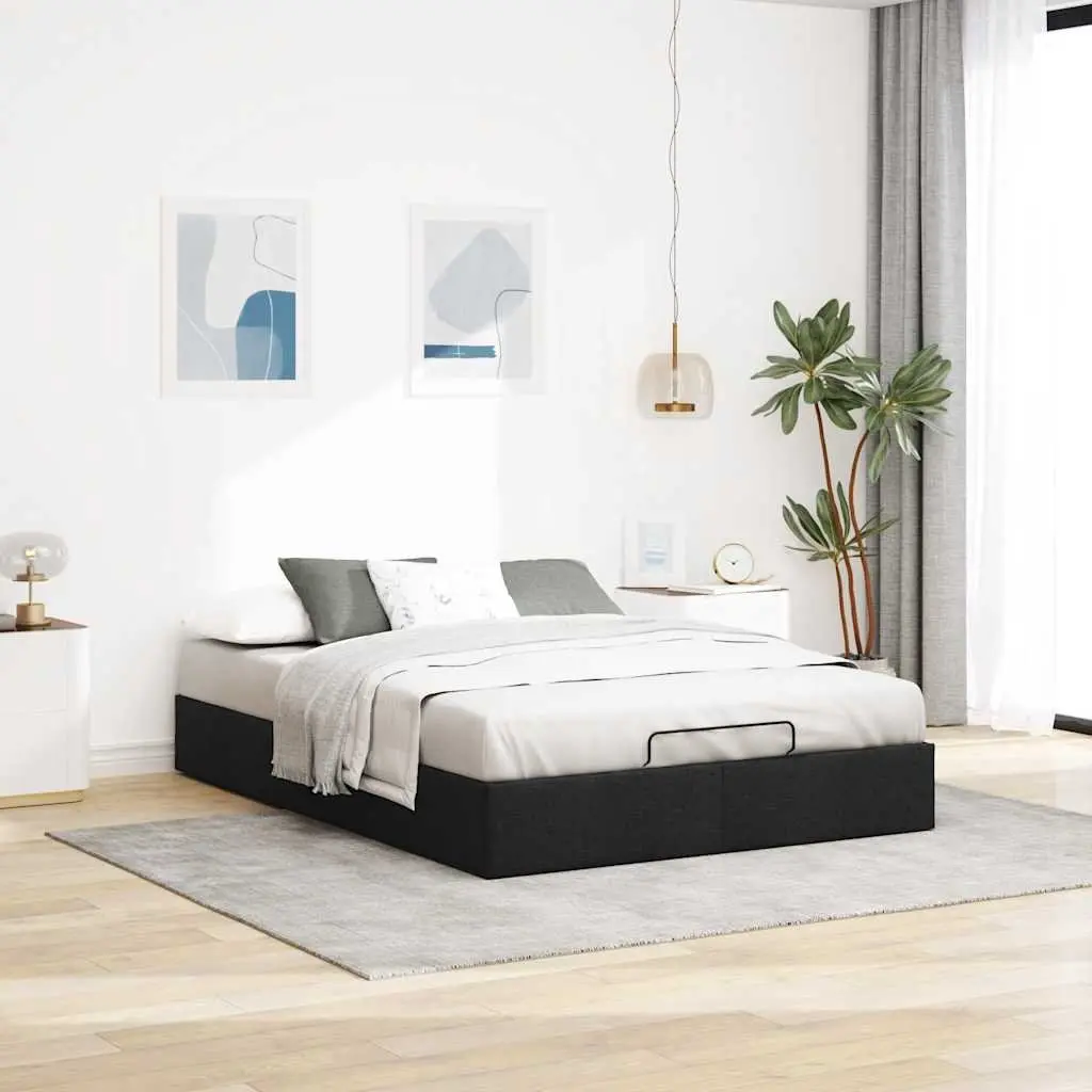 Queen Ottoman Storage Bed Frame Polyester Fabric Upholstered Black Slatted Base