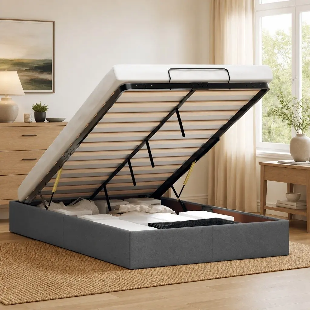 King Single Ottoman Bed Frame with Hydraulic Lift Grey Polyester Fabric and Under Bed Storage