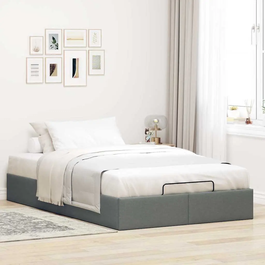 King Single Ottoman Bed Frame with Hydraulic Lift Grey Polyester Fabric and Under Bed Storage