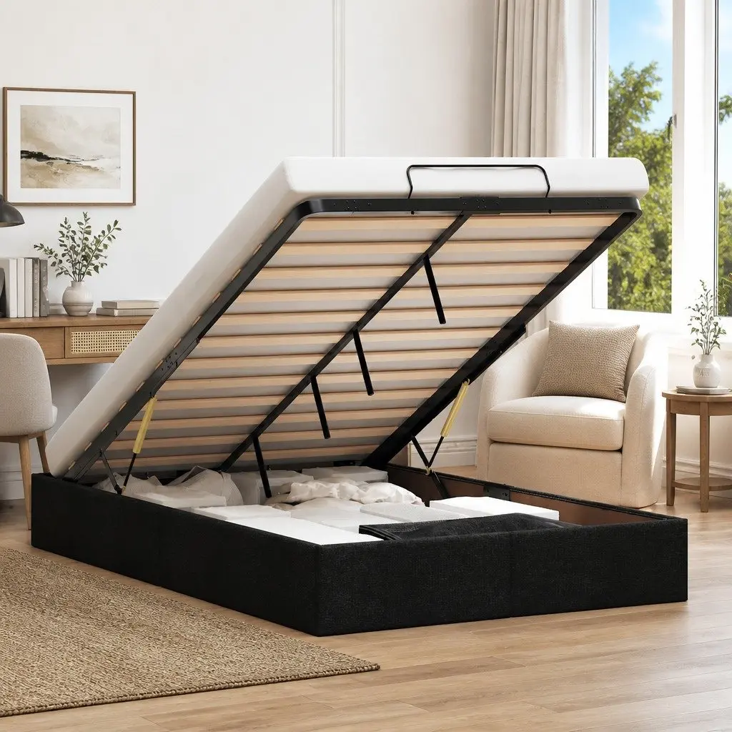 King Single Ottoman Storage Bed Frame Polyester Fabric Black Lift-Up Base
