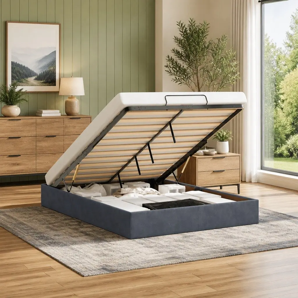 Double Size Ottoman Bed Frame Velvet Dark Grey Hydraulic Lift with Storage